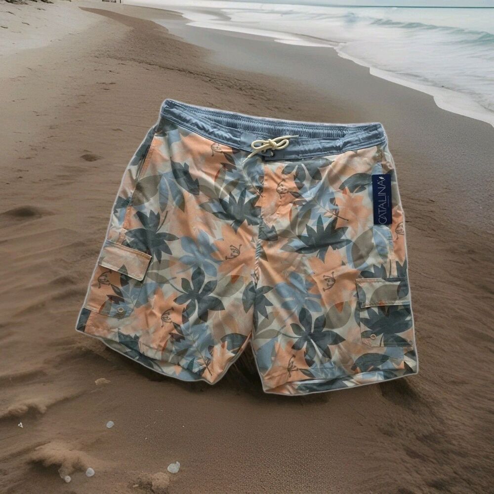 Catalina Men's 8" Swim Trunks XL Elastic Waist Mesh Liner‎ Side Pockets Brown